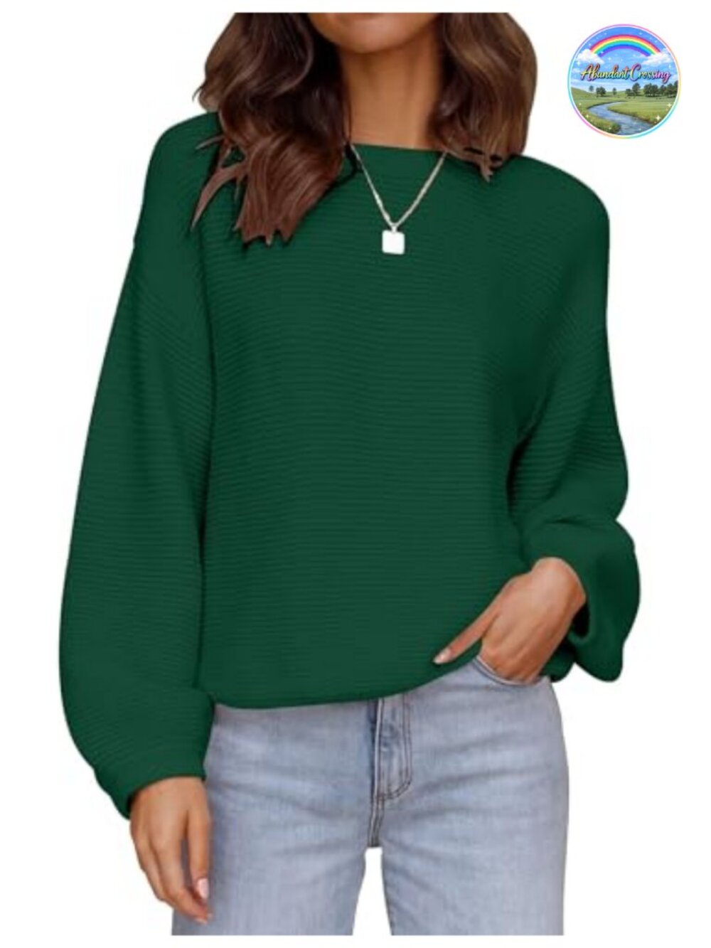Womens Long Sleeve Knit Pullover Sweater Oversized Boat Neck Lantern Sleeve